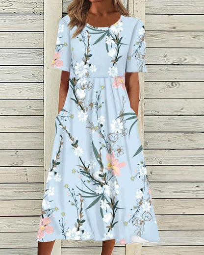 Floral printed A-line round neck midi dress for women | Marisela