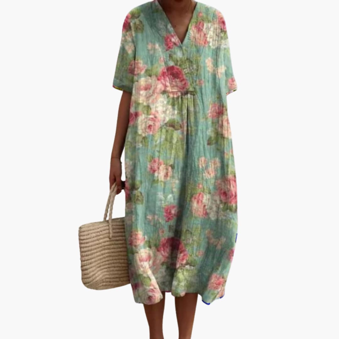 Floral meadow print oversized midi dress for women | Marisela