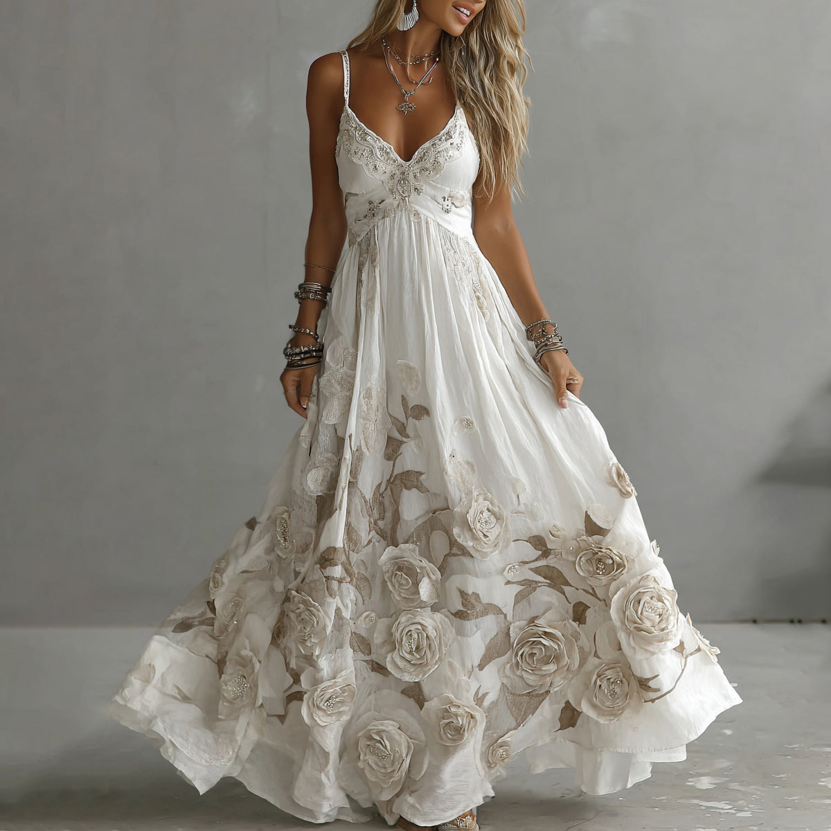 Vintage rose embroidered maxi dress for women | Adeluna