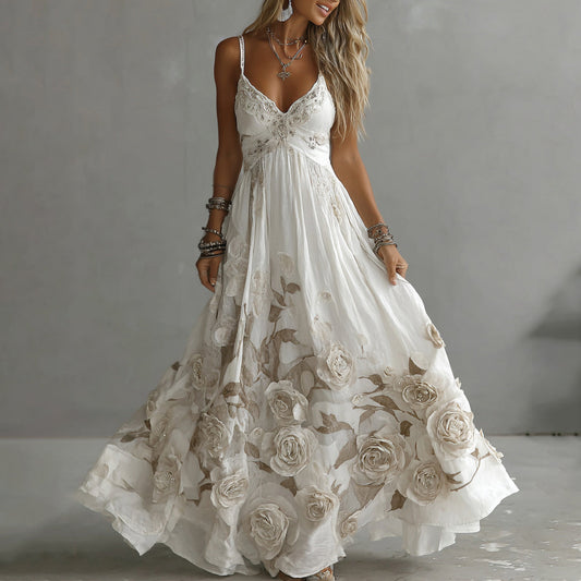 Vintage rose embroidered maxi dress for women | Adeluna