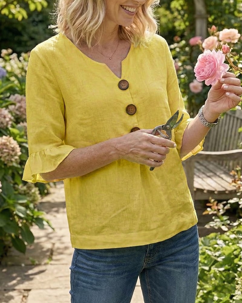 Cotton V-neck ruffle half sleeve blouse for women | Patrizia