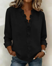 Ruffled V-Neck Blouse with Long Sleeves for Women | Elowen