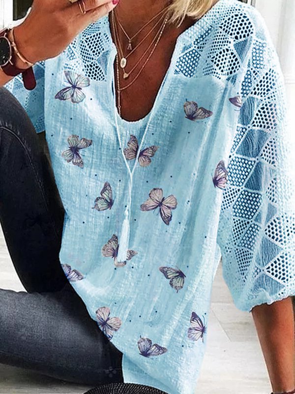 Loose fit butterfly print mesh sleeve top for women | Seraphina