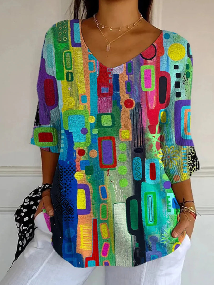 Abstract print loose fit V-neck top for women | Marisela