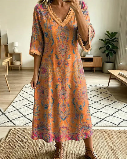 Vintage floral print A-line midi dress for women | Marisela