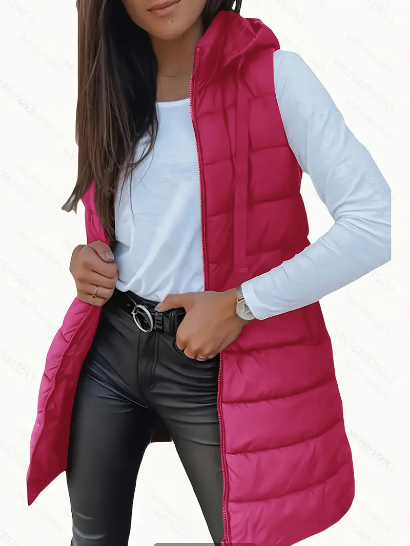 Casual sleeveless hooded long puffer vest for women | Rain