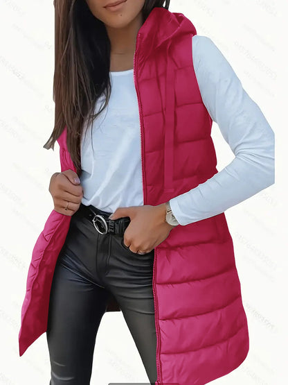 Casual sleeveless hooded long puffer vest for women | Rain