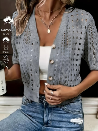 Calla | Women's Open Knit Short Sleeve Button Front Cardigan