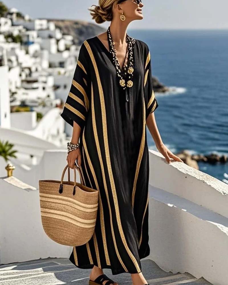 Striped V-neck loose fit maxi dress for women | Marisela