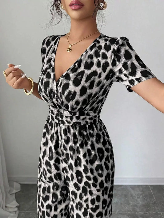 Evelisse | Women's Animal Print Wrap Neck Wide Leg Jumpsuit