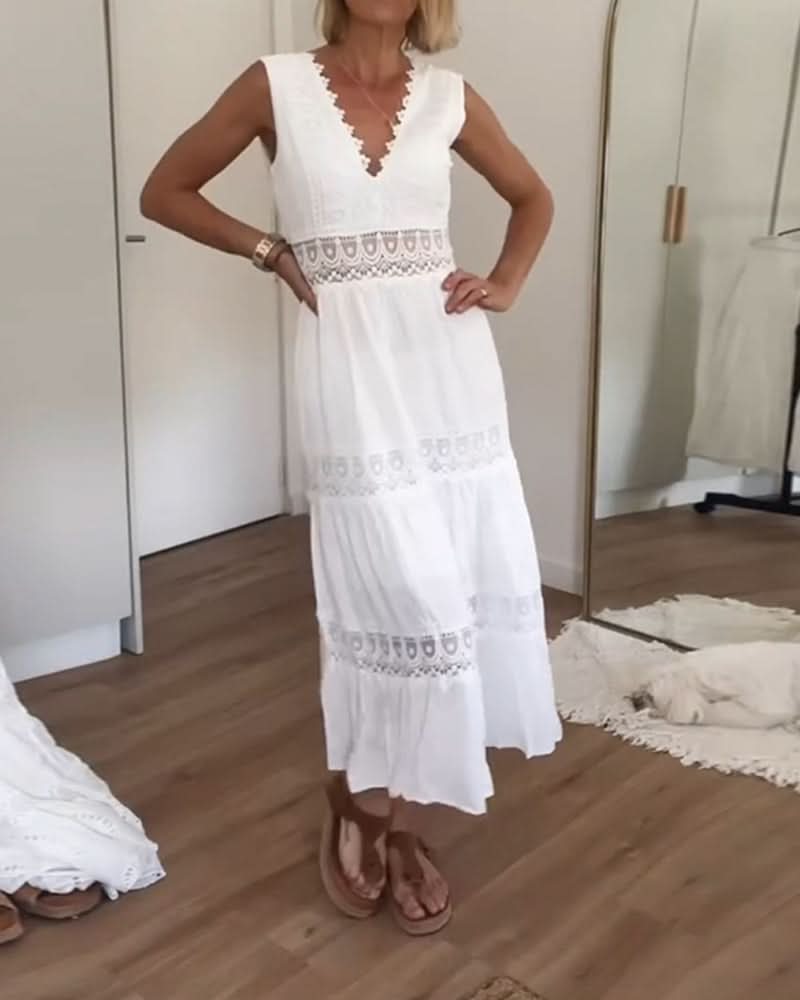 Lace V-neck flowing tiered maxi dress for women | Rose