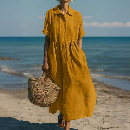 Casual button-front mid sleeve relaxed dress for women | Fionna