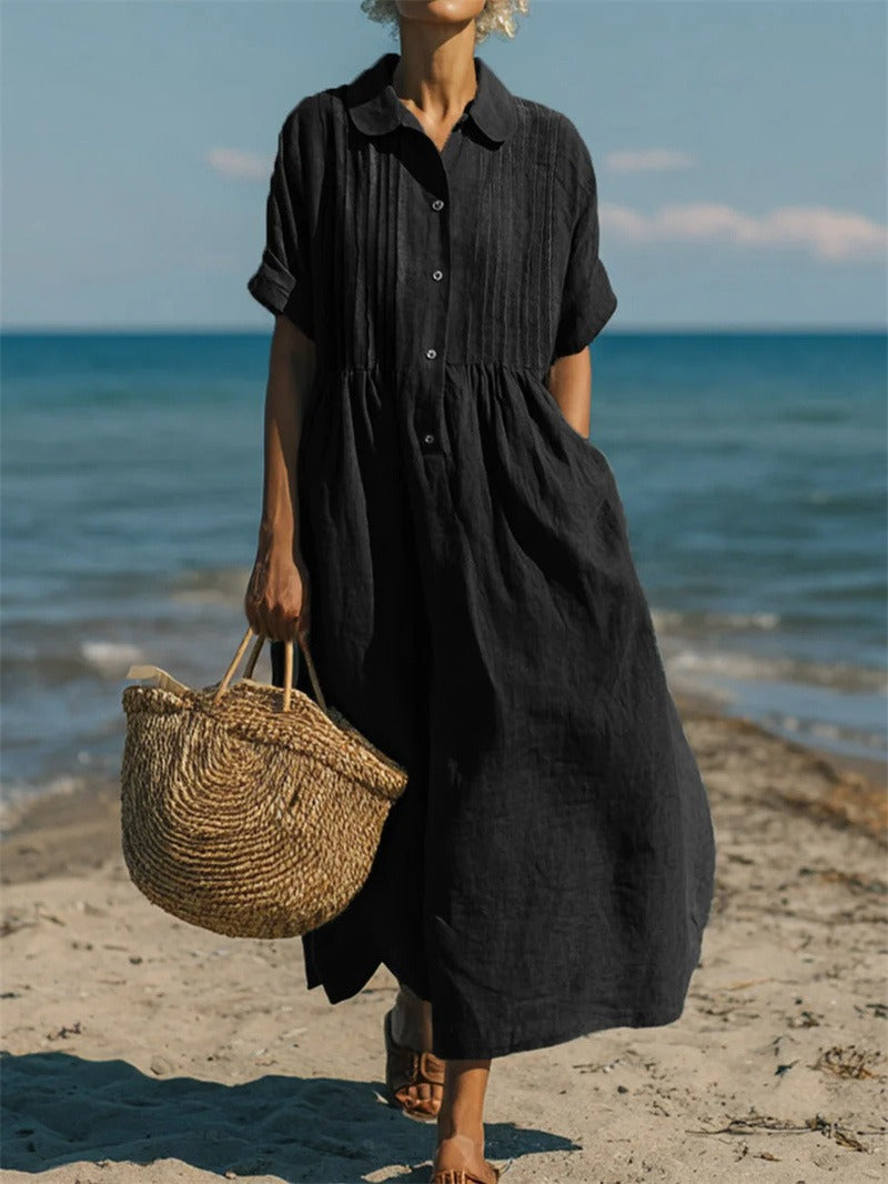 Casual button-front mid sleeve relaxed dress for women | Fionna