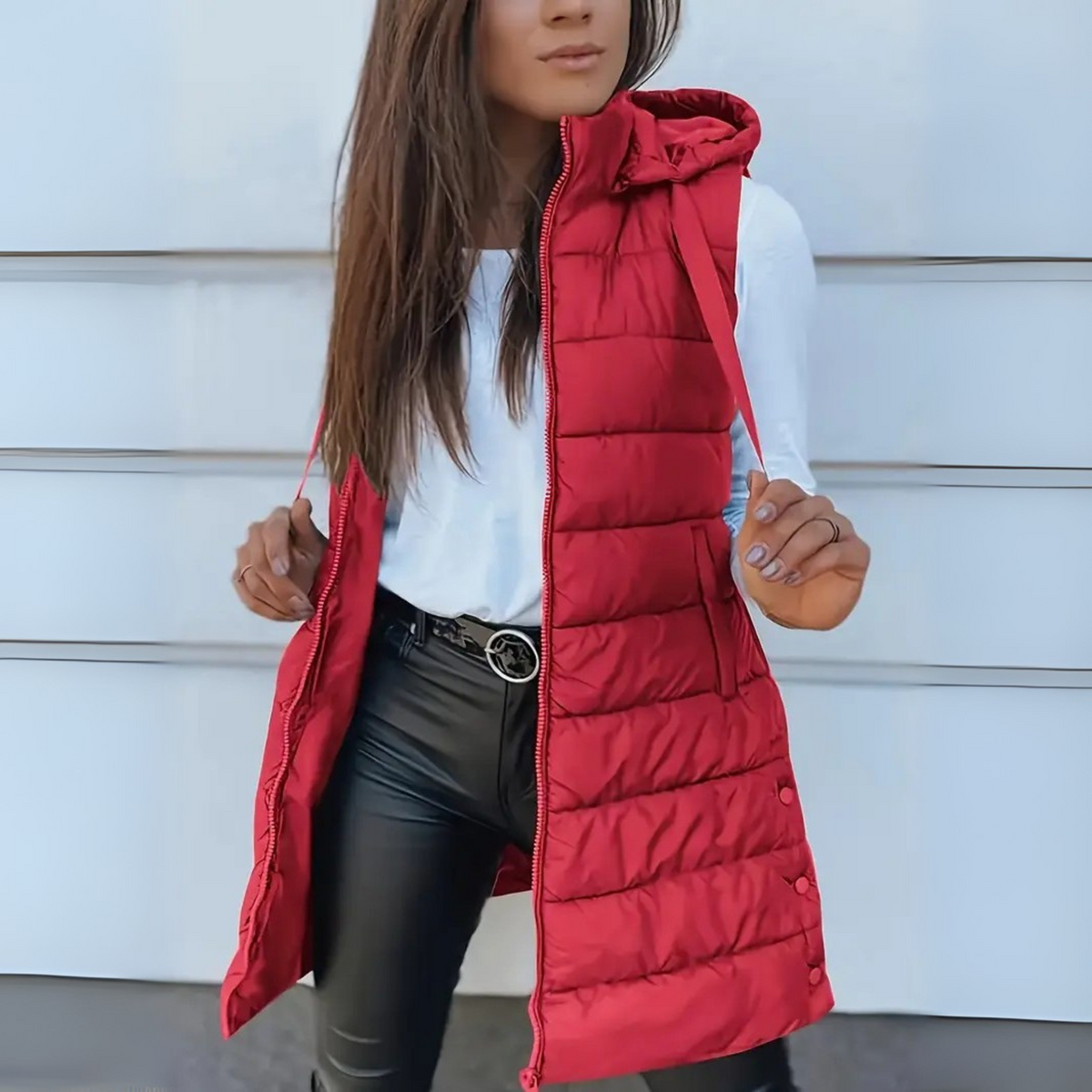 Casual sleeveless hooded long puffer vest for women | Rain