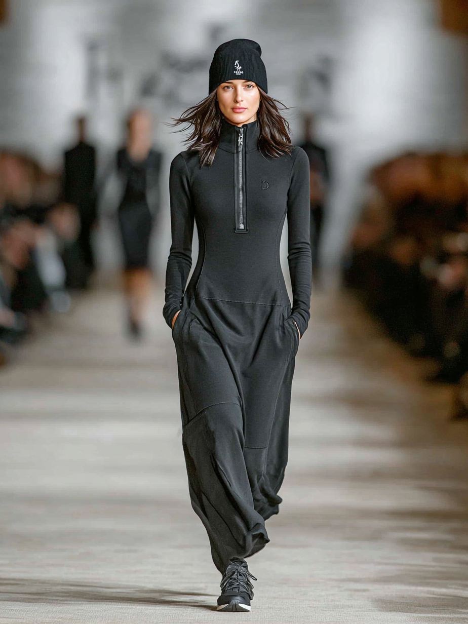 Relaxed zip-collar maxi dress with sporty silhouette for women | Arwen