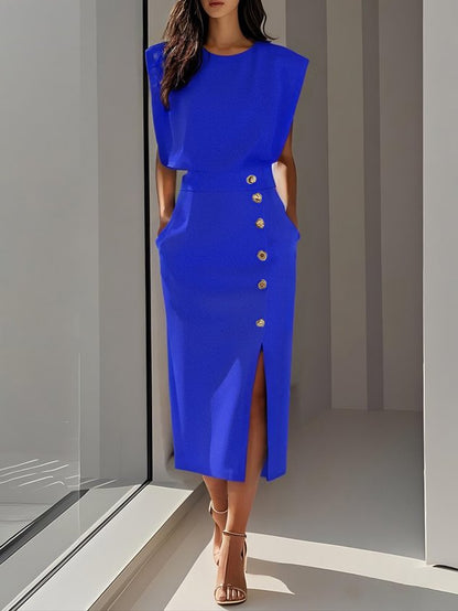 Round neck button slit structured midi dress for women | Marisela