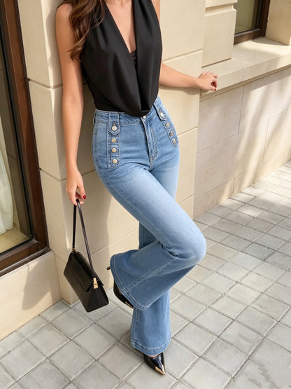 Liorra | Women's High Waist Button Detail Flare Jeans