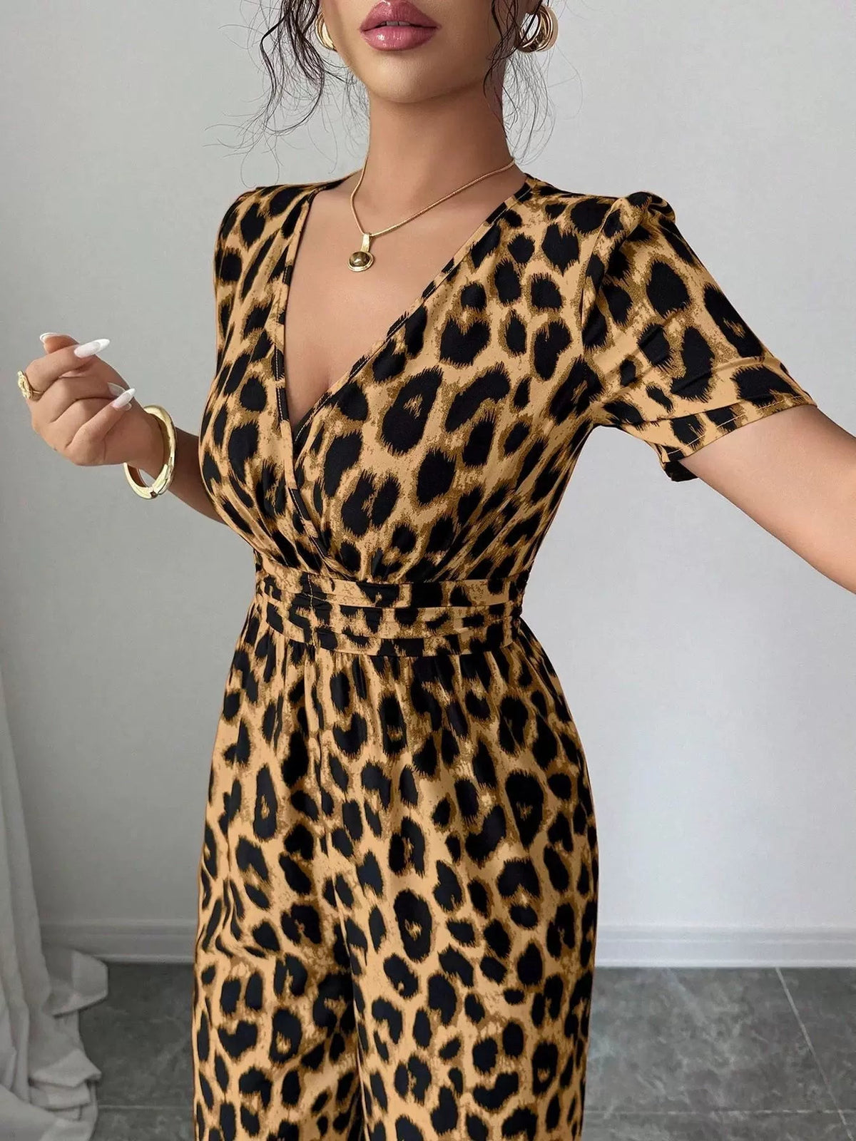 Evelisse | Women's Animal Print Wrap Neck Wide Leg Jumpsuit