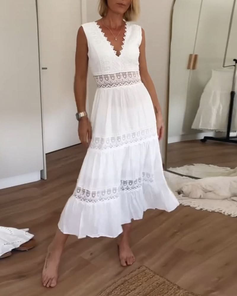 Lace V-neck flowing tiered maxi dress for women | Rose