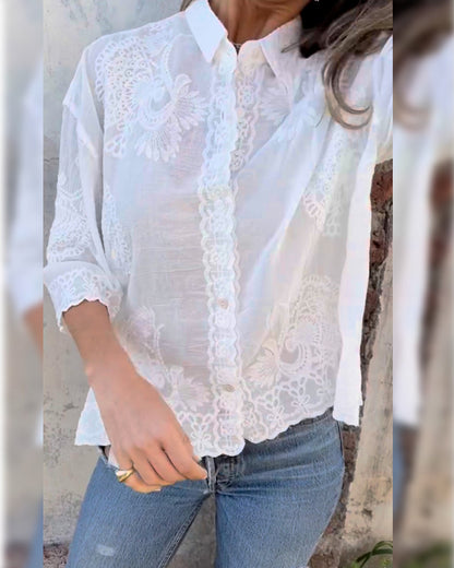 Solid cotton blend notched collar shirt for women | Marisela