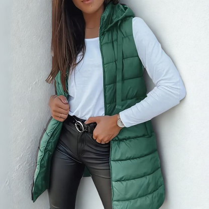 Casual sleeveless hooded long puffer vest for women | Rain