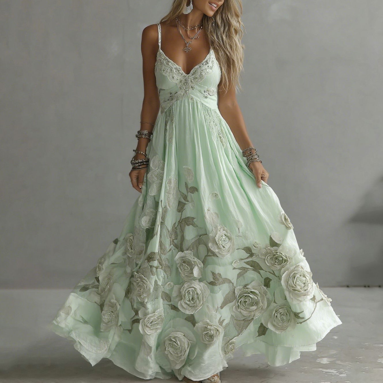 Vintage rose embroidered maxi dress for women | Adeluna