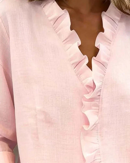 Ruffled V-Neck Blouse with Long Sleeves for Women | Elowen