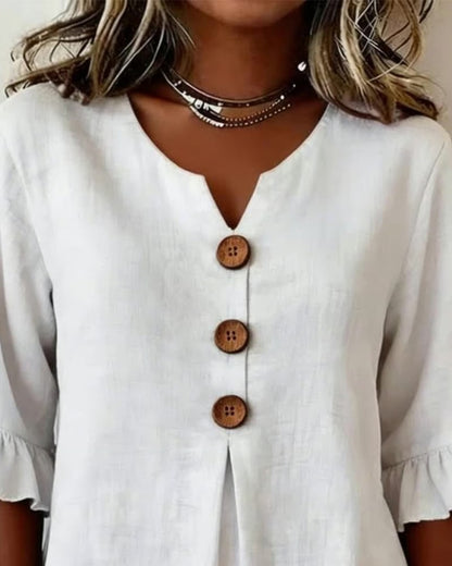 Cotton V-neck ruffle half sleeve blouse for women | Patrizia