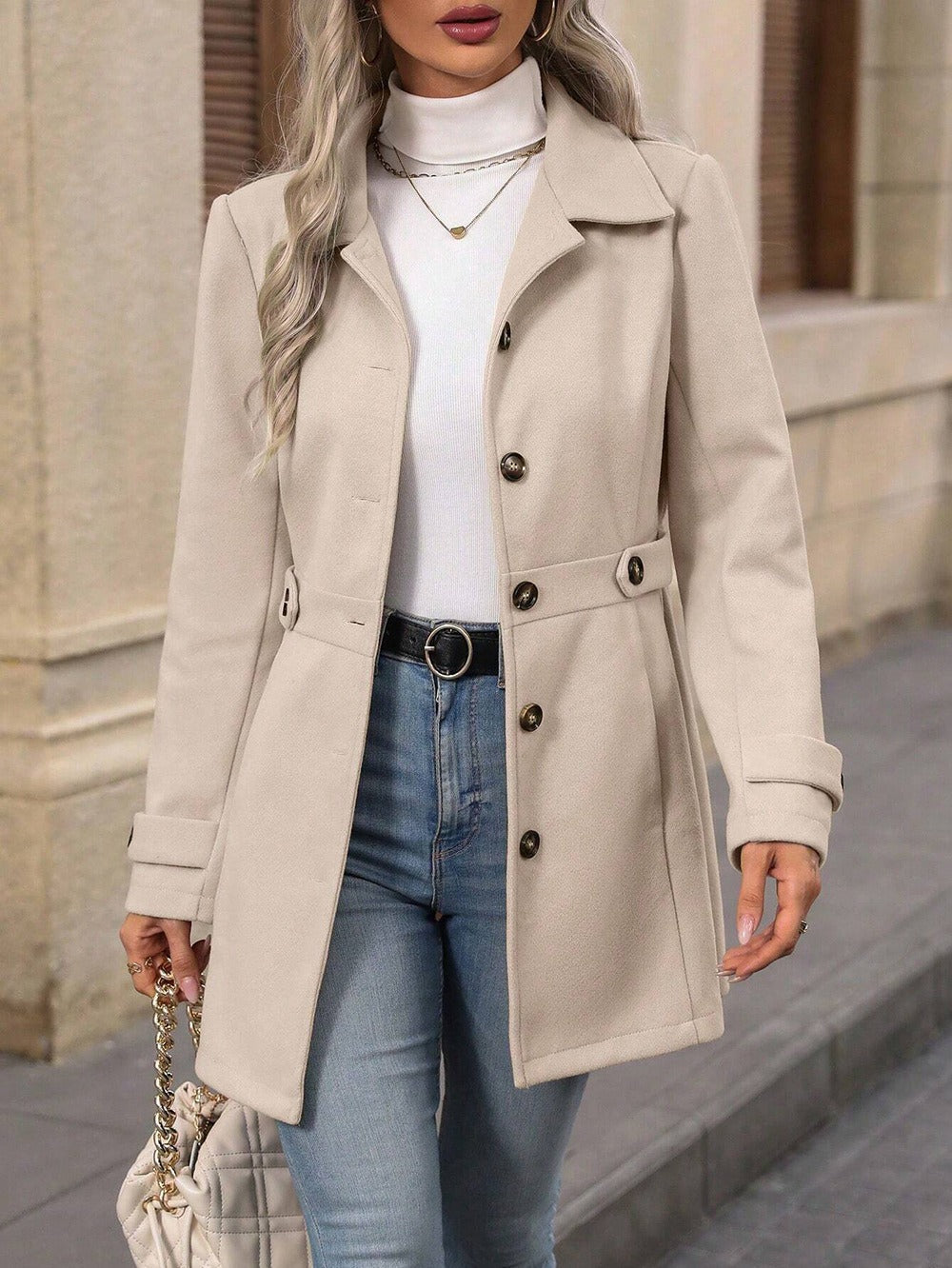 Seravelle | Women's Wool Blend Belted Notch Collar Trench Coat