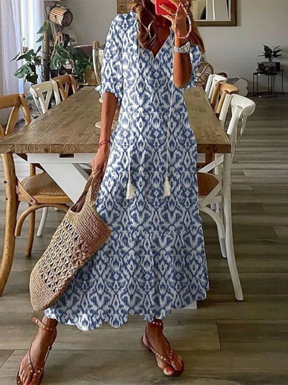 Boho V-neck vintage pattern flowing summer dress for women | Avery