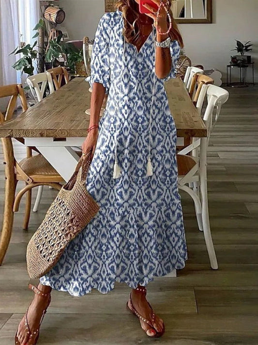 Boho V-neck vintage pattern flowing summer dress for women | Avery