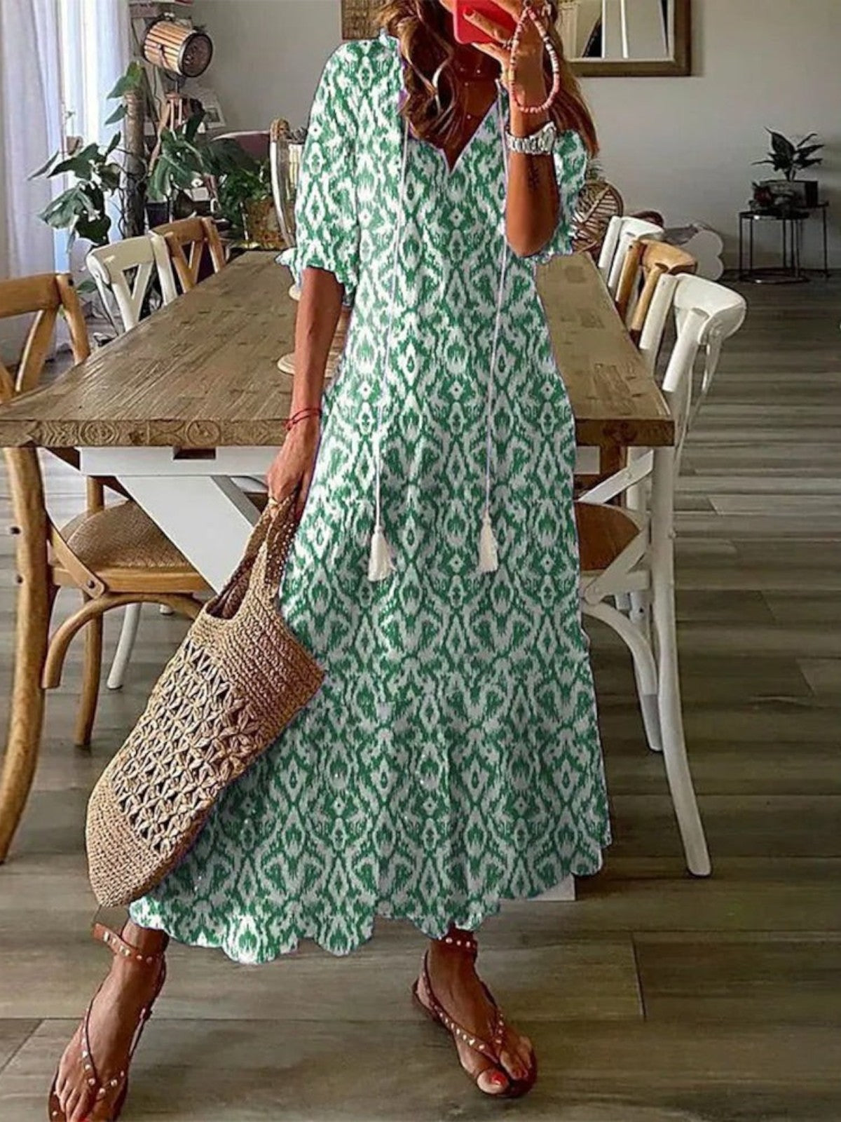 Boho V-neck vintage pattern flowing summer dress for women | Avery