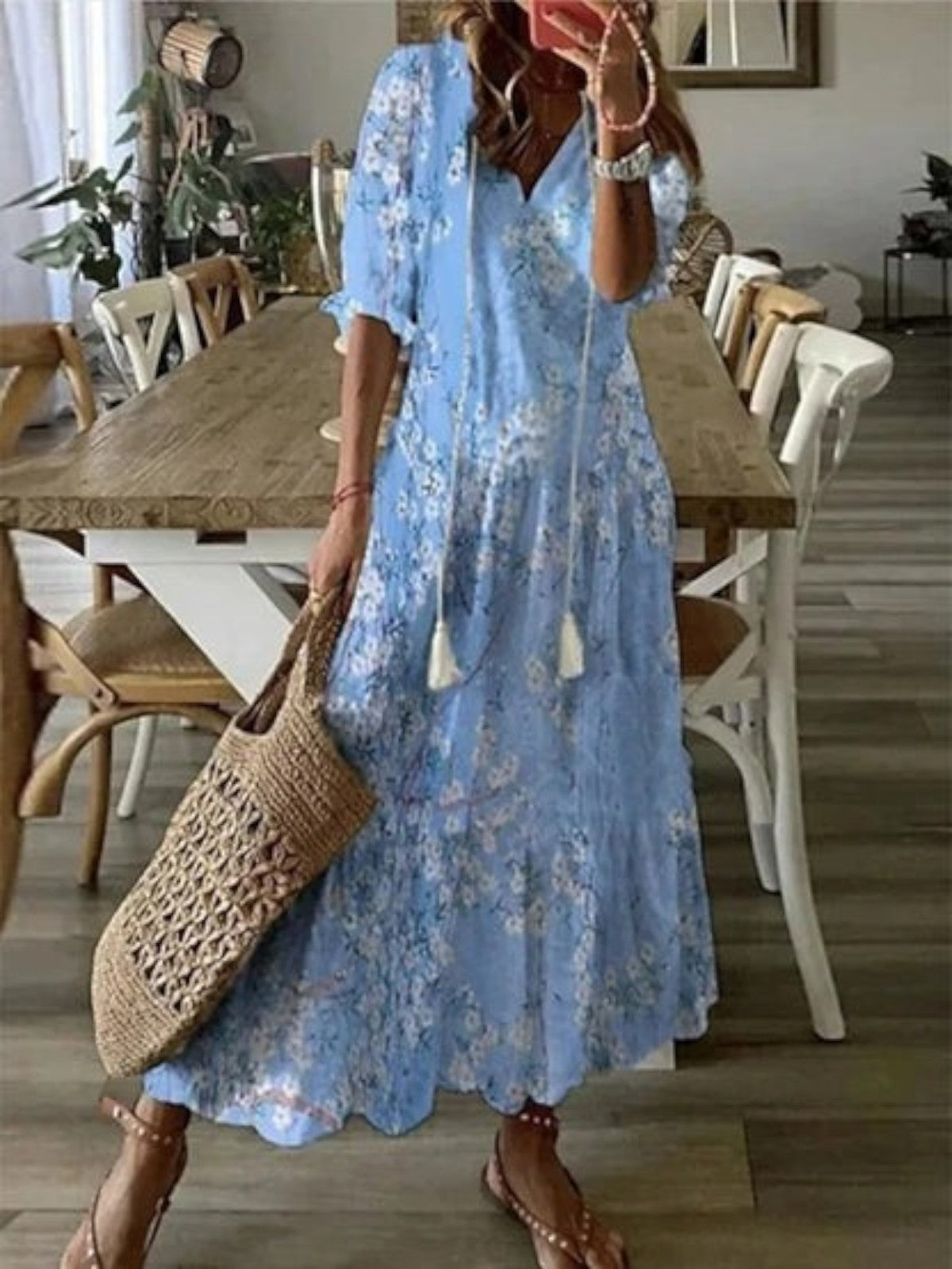 Boho V-neck vintage pattern flowing summer dress for women | Avery