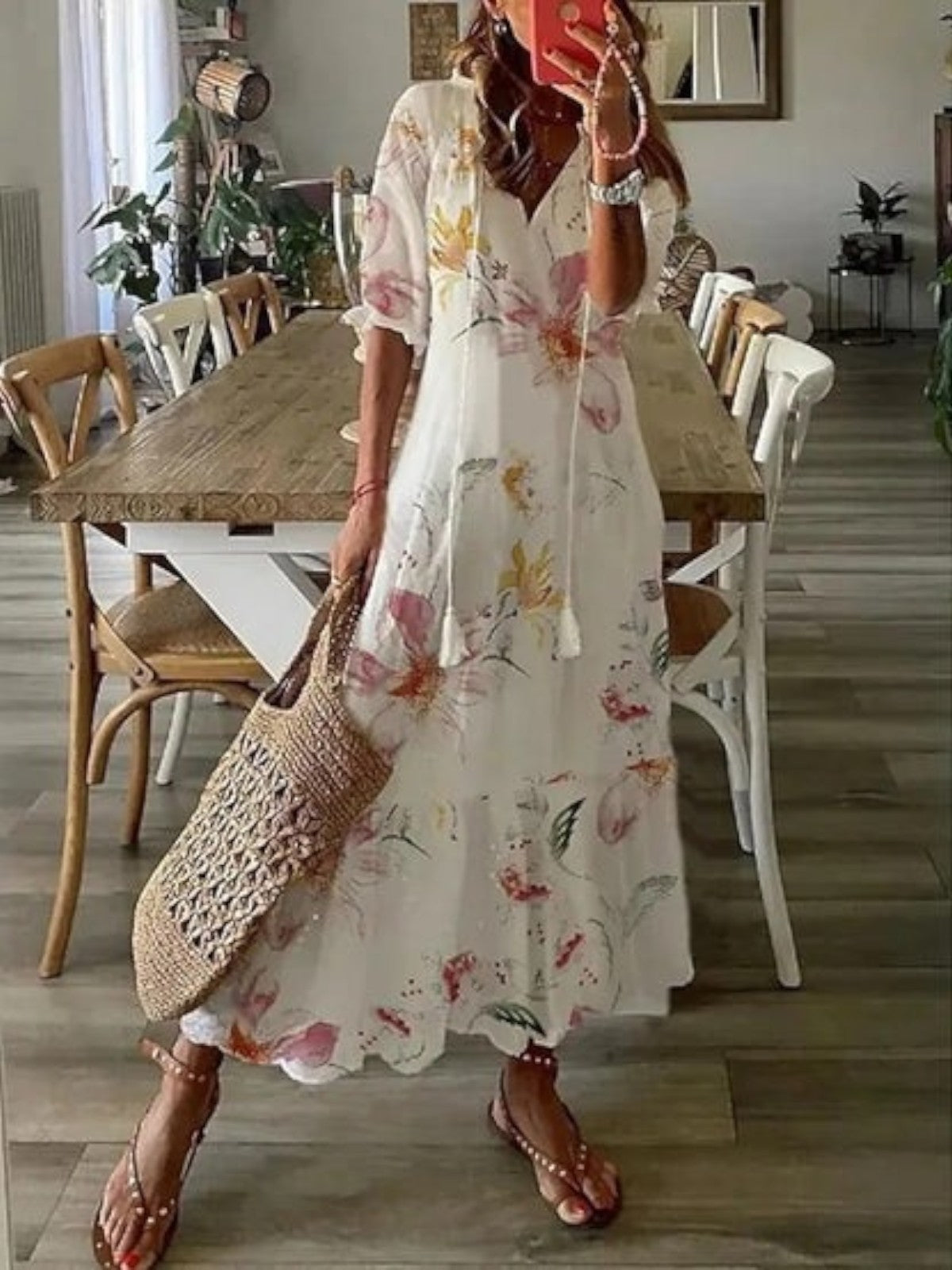 Boho V-neck vintage pattern flowing summer dress for women | Avery