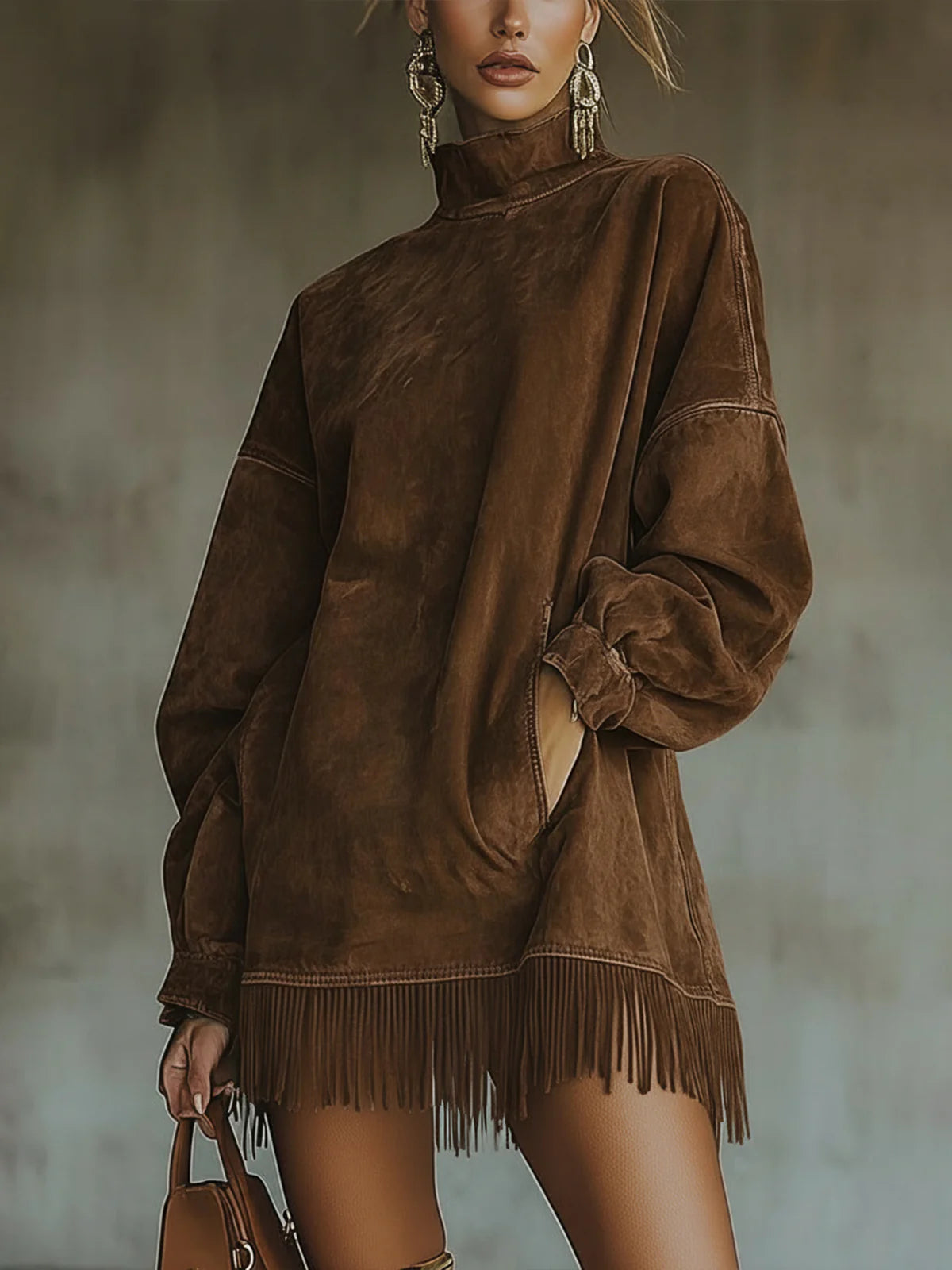 Faux Suede Fringe Hem Turtleneck Dress for Women | Marlowe