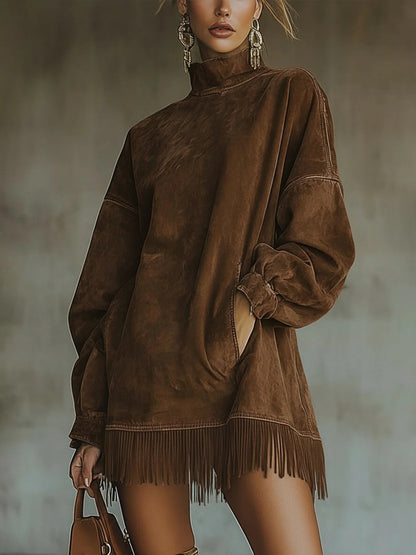 Faux Suede Fringe Hem Turtleneck Dress for Women | Marlowe