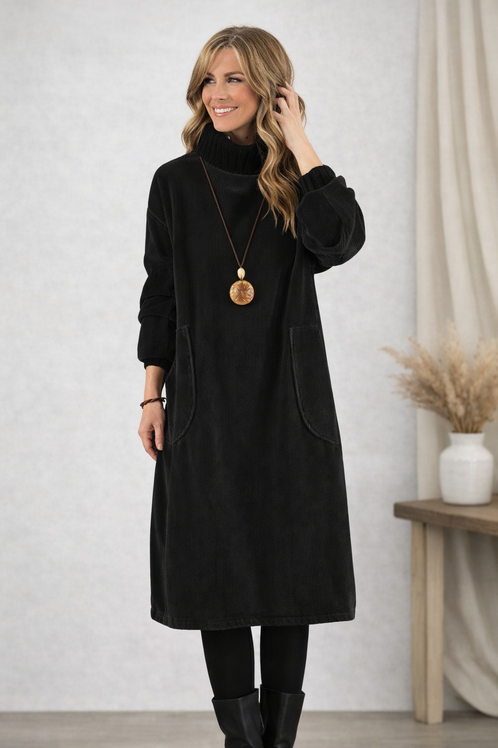 Cosy turtleneck knit midi sweater dress for women | Evelyn