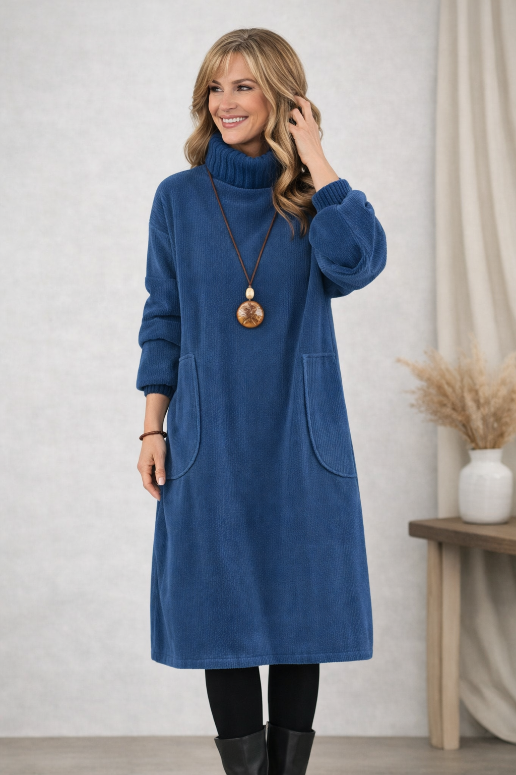 Cosy turtleneck knit midi sweater dress for women | Evelyn