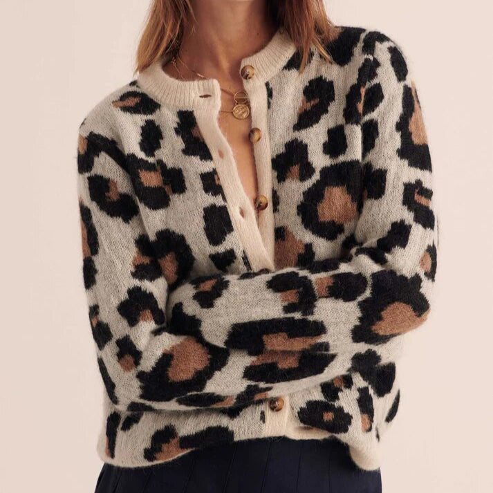 Leopard print button front cardigan for women | Serena