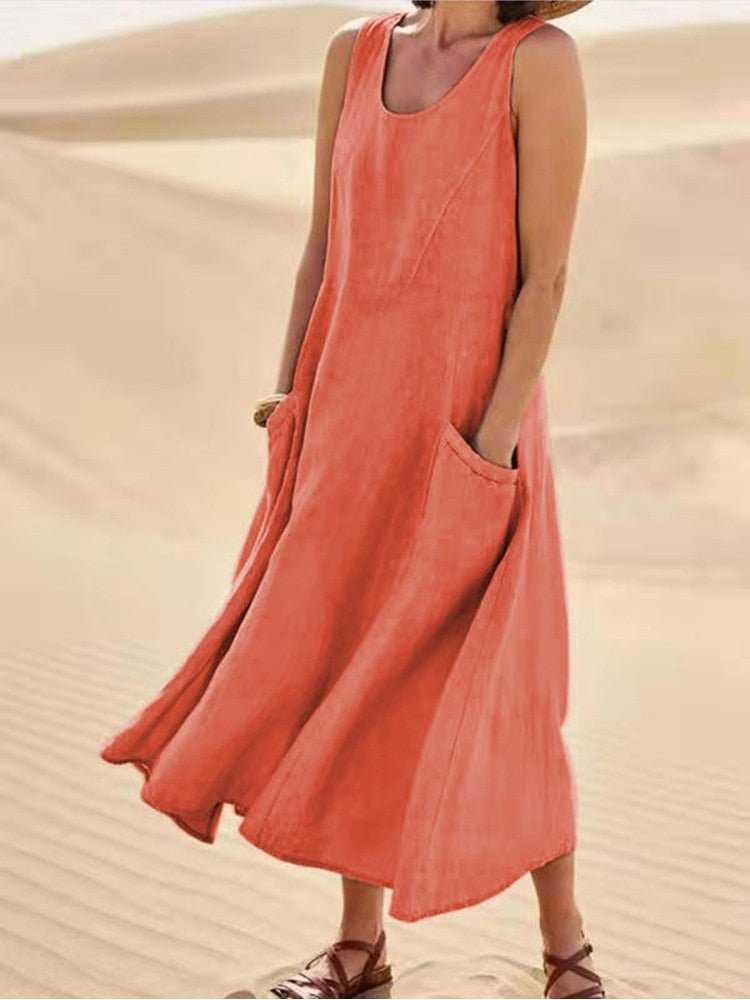 Willow | Women's Scoop Neck Sleeveless Midi Dress with Pockets