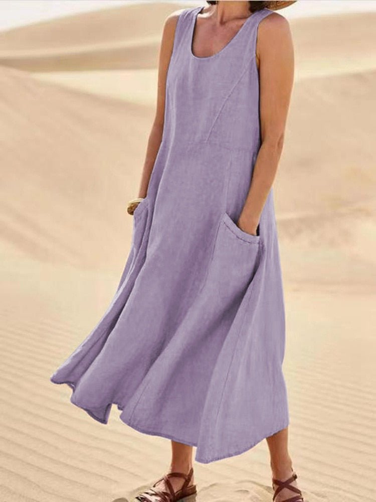 Willow | Women's Scoop Neck Sleeveless Midi Dress with Pockets