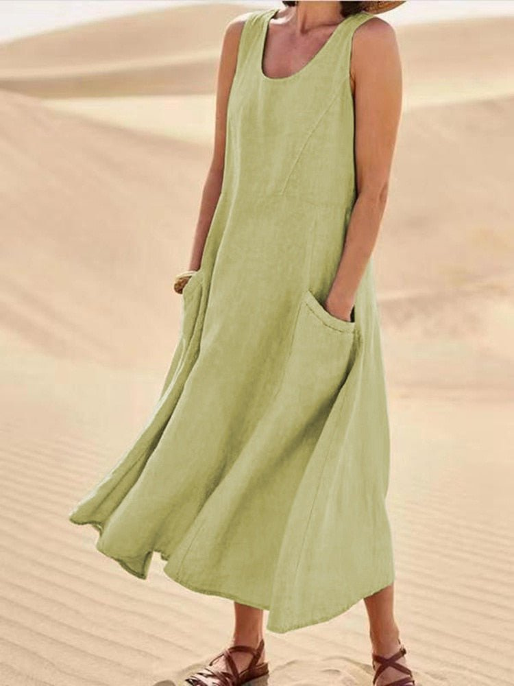 Willow | Women's Scoop Neck Sleeveless Midi Dress with Pockets