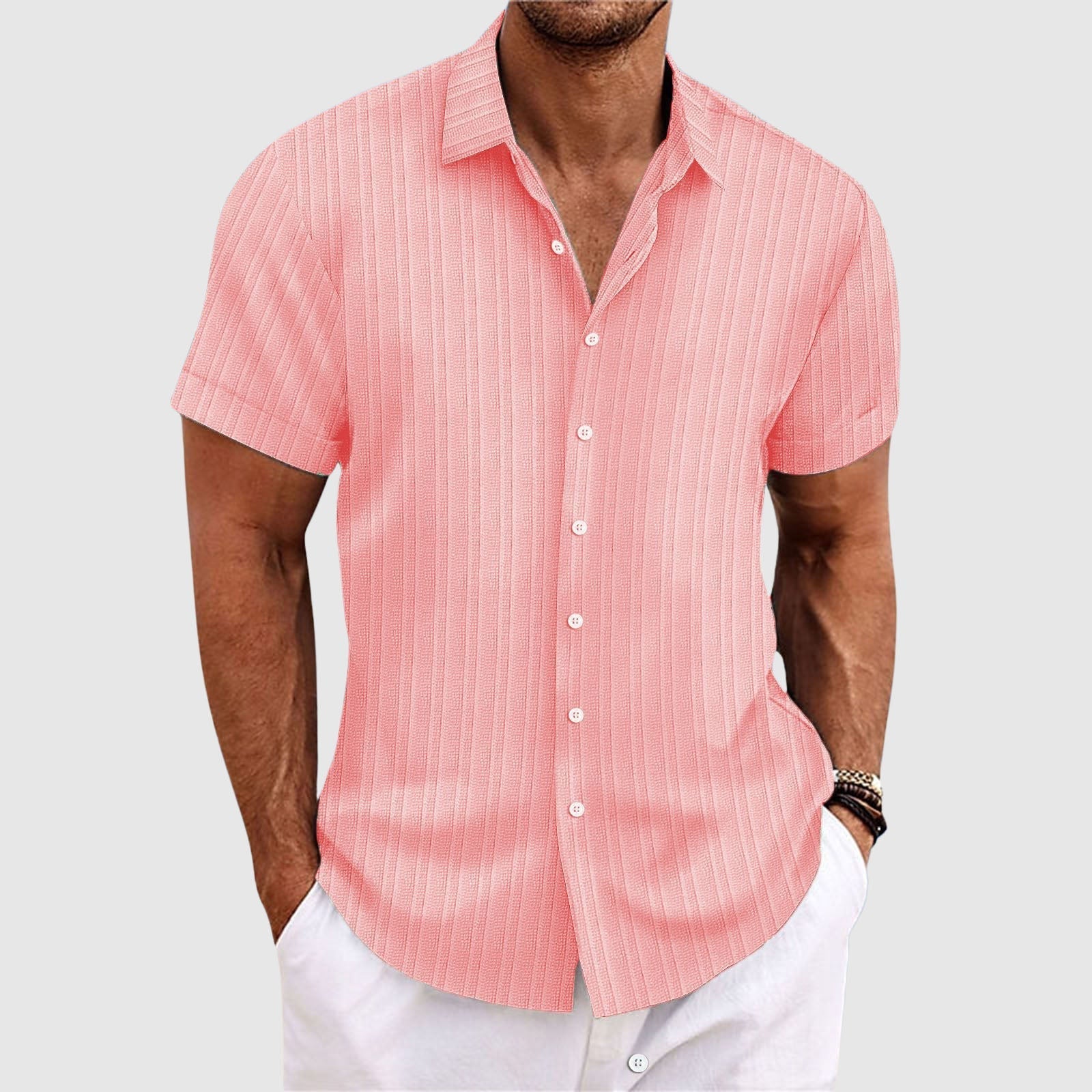Casual striped short-sleeve shirt with lapel collar for men | Rowan