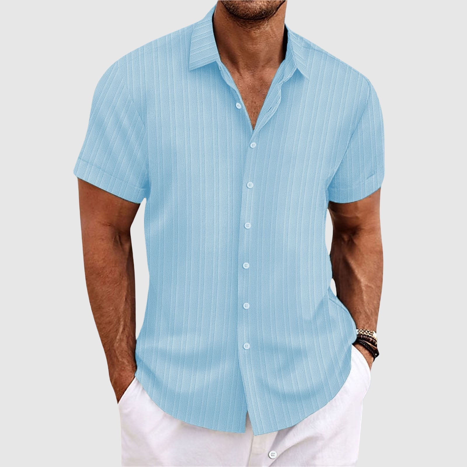 Casual striped short-sleeve shirt with lapel collar for men | Rowan