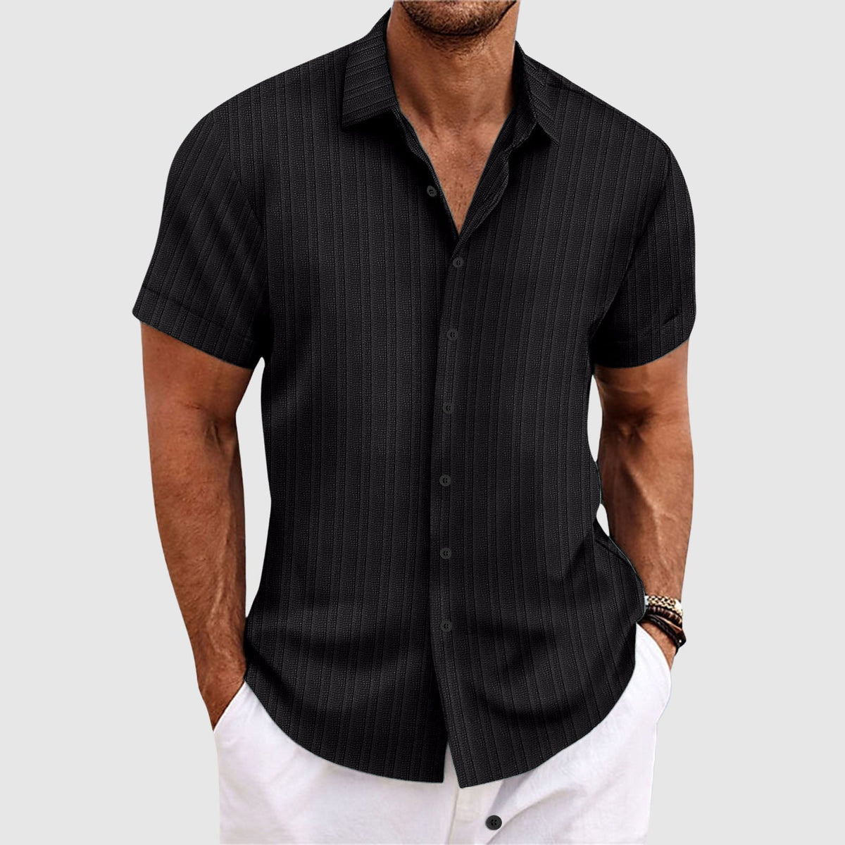 Casual striped short-sleeve shirt with lapel collar for men | Rowan