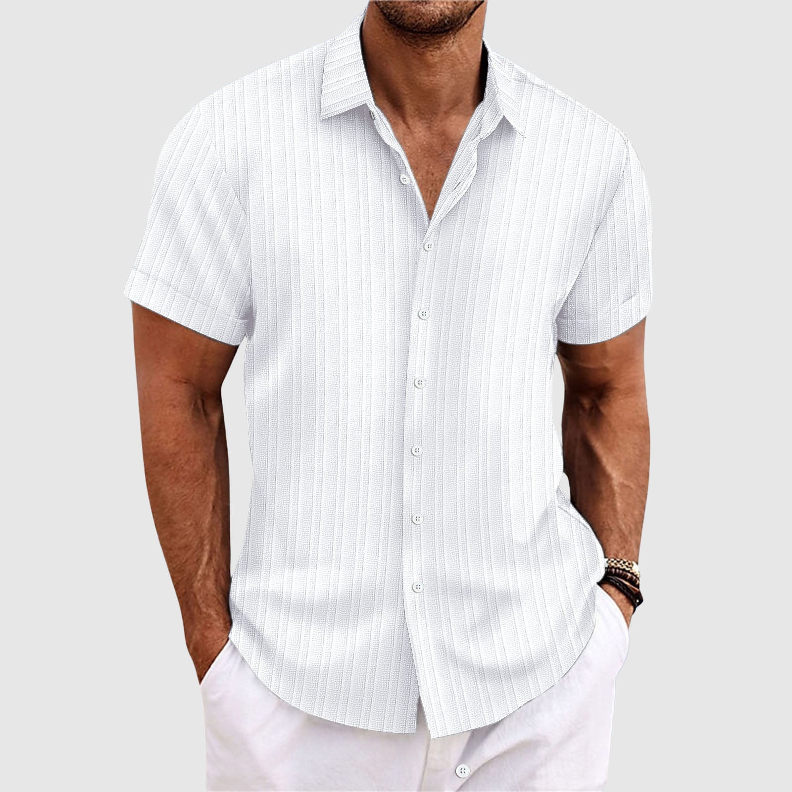 Casual striped short-sleeve shirt with lapel collar for men | Rowan