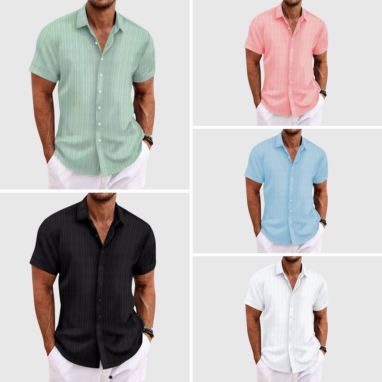 Casual striped short-sleeve shirt with lapel collar for men | Rowan