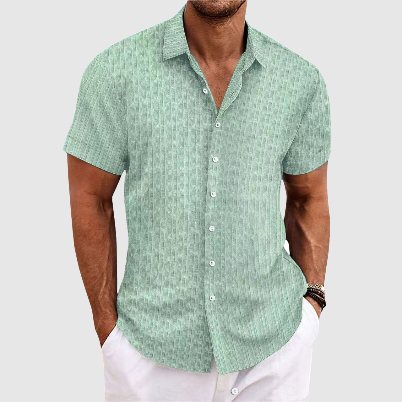 Casual striped short-sleeve shirt with lapel collar for men | Rowan