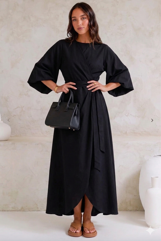 Feminine lantern-sleeve dress with adjustable waist for women | Elowen