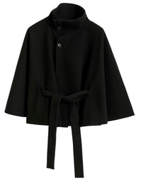 Long belted coat with high collar and relaxed elegance for women | Elvire